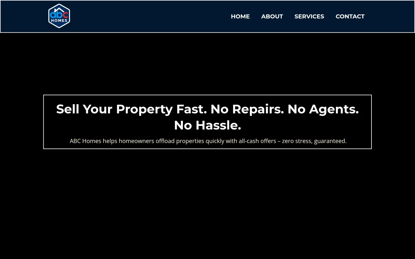 The original first screen as captured: a navy header with four menu links, and a boxed headline "Sell Your Property Fast. No Repairs. No Agents. No Hassle." over a black area where the live page plays a background video.