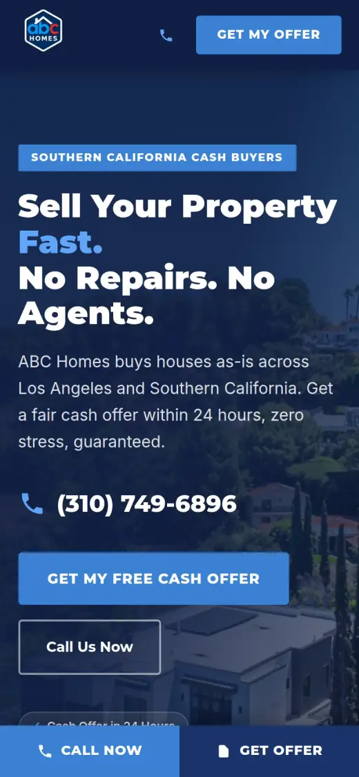 The concept mobile first screen: the headline, the phone number, a Get My Free Cash Offer button, a Call Us Now button and a sticky bar with Call Now and Get Offer.