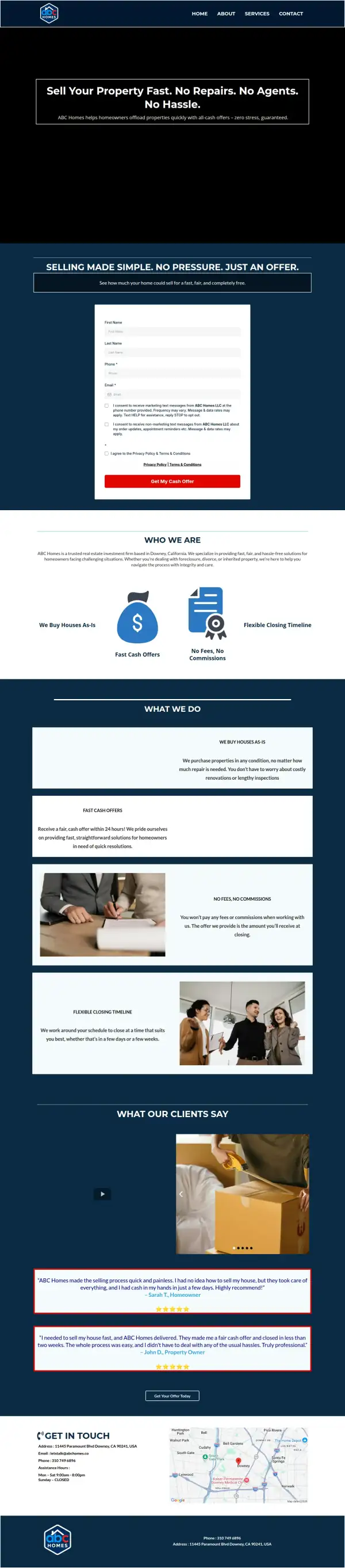 The whole original ABC Homes homepage, scaled down to show its structure from top to bottom.
