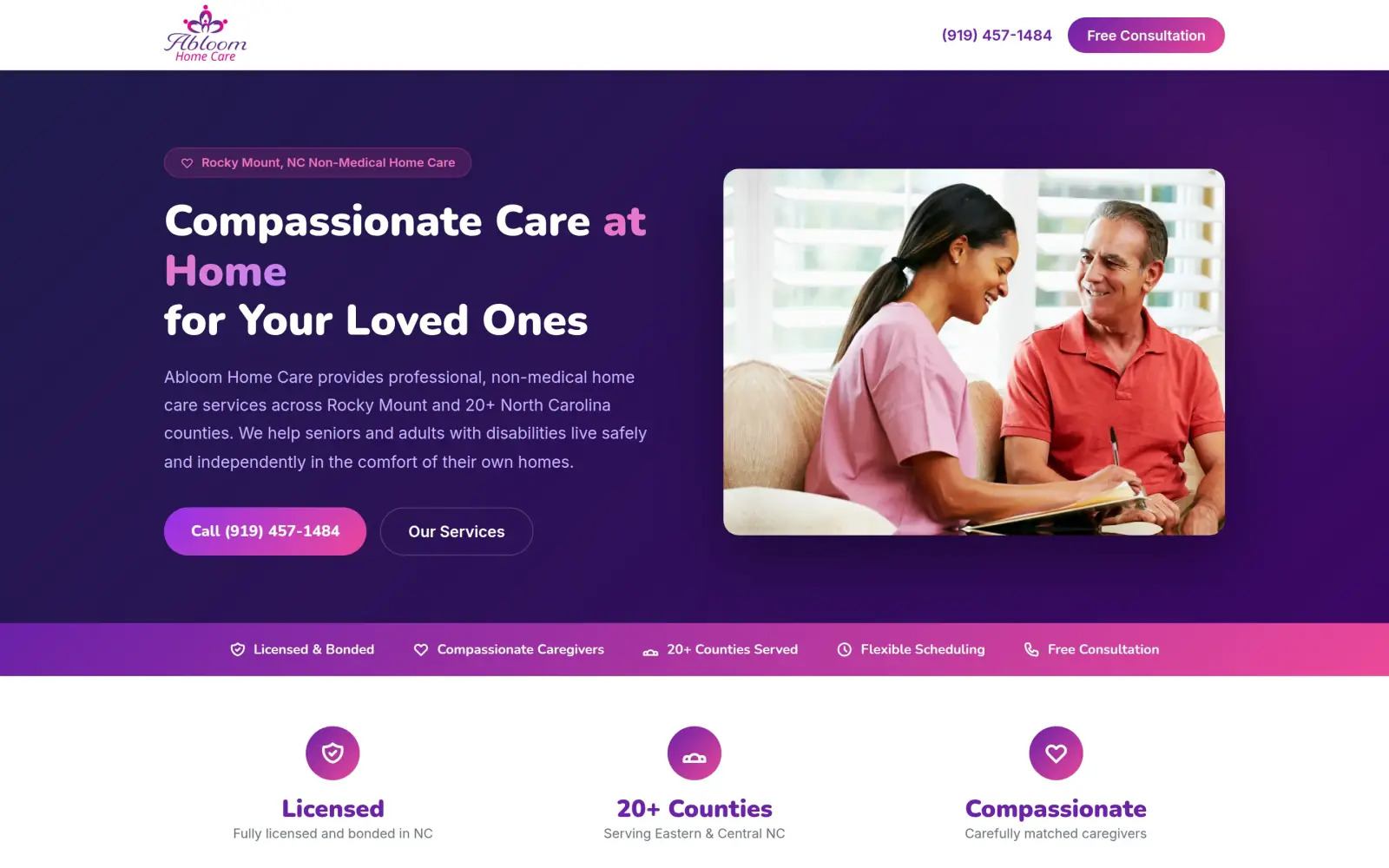 The concept first screen: the headline "Compassionate Care at Home for Your Loved Ones", a Rocky Mount, NC tag, a Call (919) 457-1484 button, the phone number in the header and a photo of a caregiver with an older man.