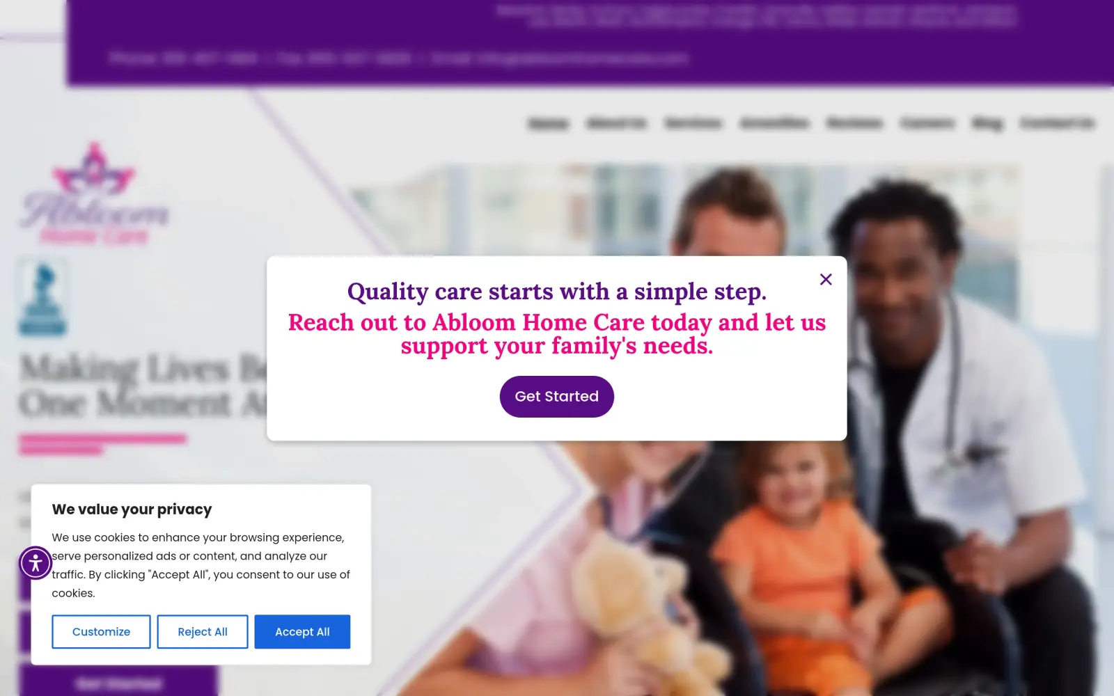 The original first screen as it loads: a pop-up reading "Quality care starts with a simple step" with a Get Started button and a cookie notice, over a blurred page with a purple bar, a menu and a photo of a doctor, a nurse and a child.