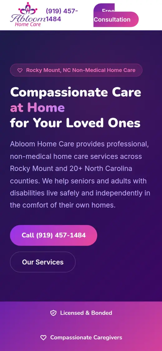 The concept mobile first screen: a header with the logo, the phone number and a Free Consultation button that overlap, then the headline, a Call button and an Our Services button.