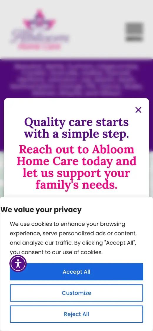 The original mobile first screen as it loads: a blurred logo and menu, then a pop-up with the words "Quality care starts with a simple step" and a cookie notice with three buttons covering the lower half.