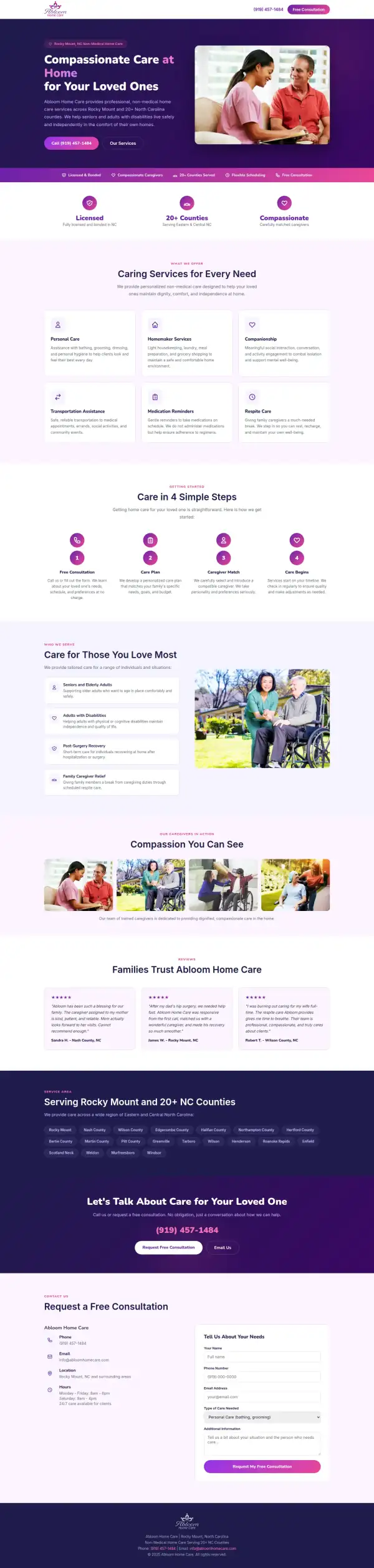 The whole concept homepage for Abloom Home Care, scaled down to show its structure from top to bottom.