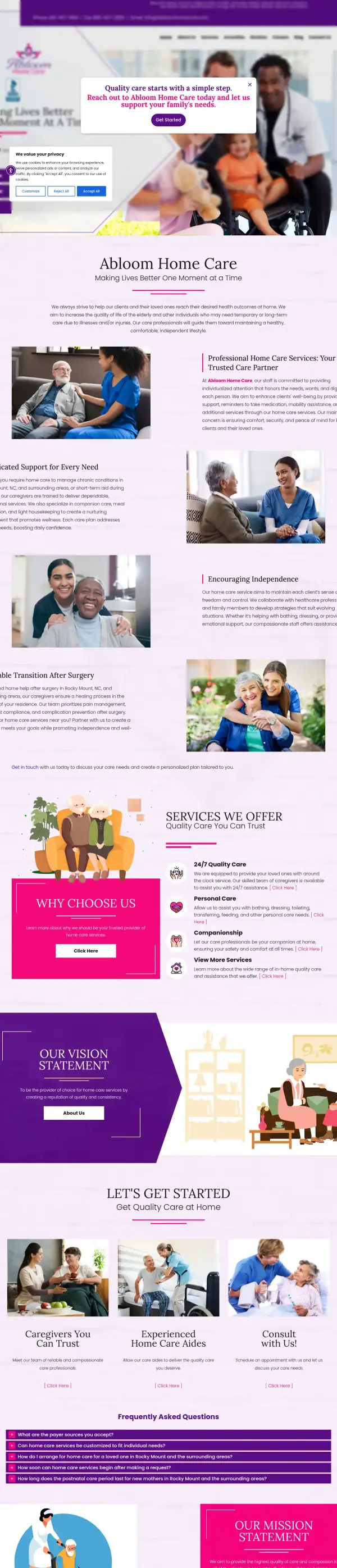 The whole original Abloom Home Care homepage, scaled down to show its structure from top to bottom.