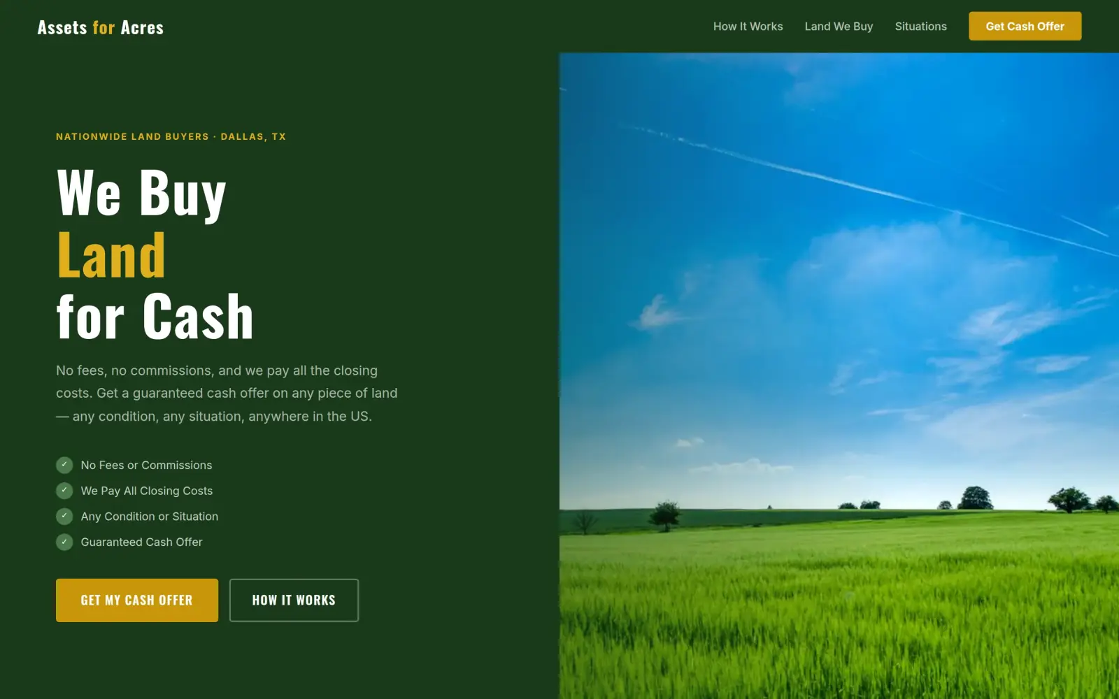 The concept first screen: a dark green panel with the tag "Nationwide Land Buyers, Dallas, TX", the headline "We Buy Land for Cash", four checkmarks, a gold Get My Cash Offer button and a How It Works button, beside a photo of a green field under a blue sky.