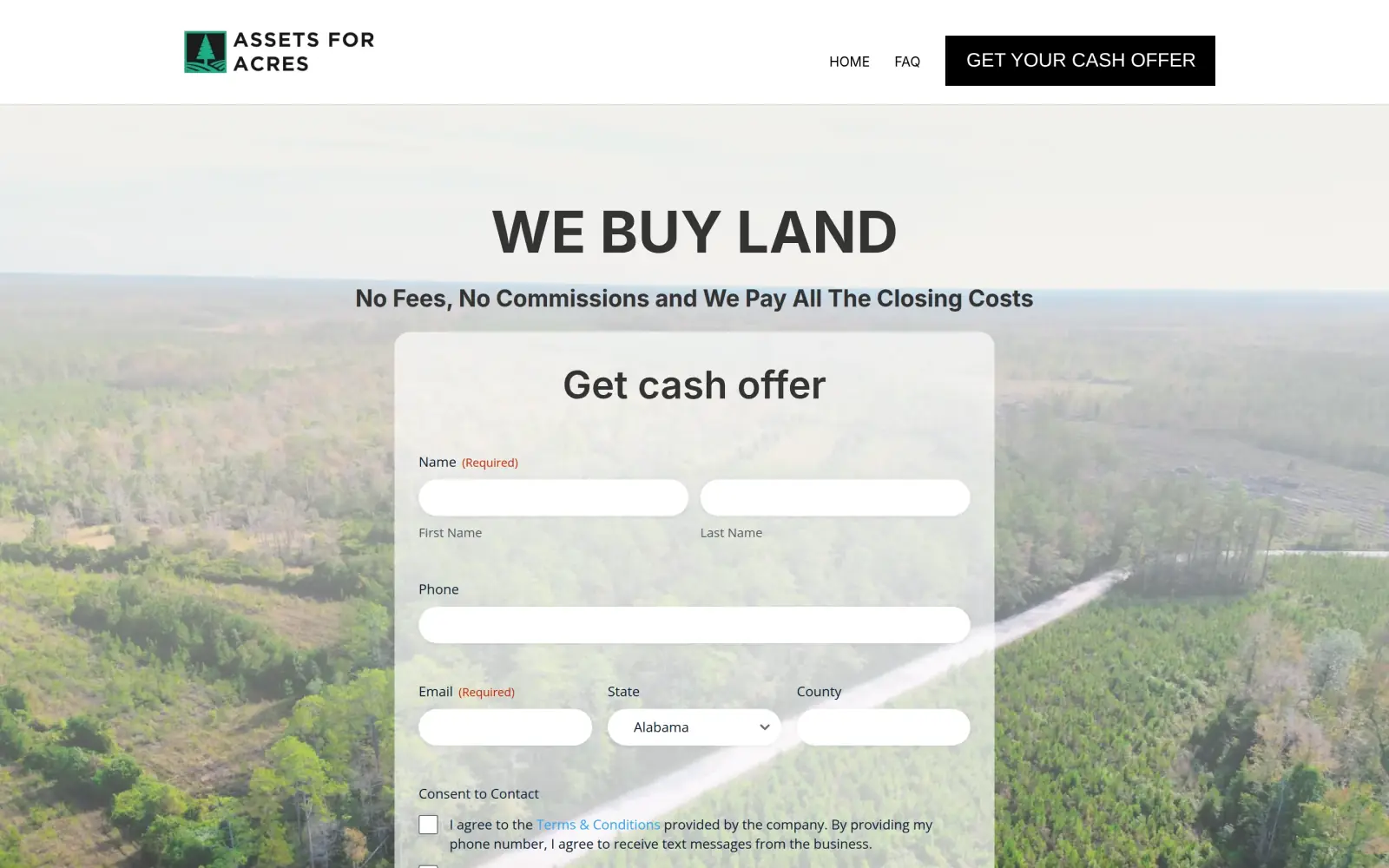 The original first screen as captured: a white header with Home, FAQ and a black Get Your Cash Offer button, then the headline "WE BUY LAND" over an aerial photo of pine forest, with a Get cash offer form filling the middle of the screen.