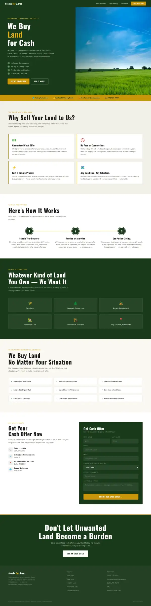 The whole concept homepage for Assets for Acres, scaled down to show its structure from top to bottom.