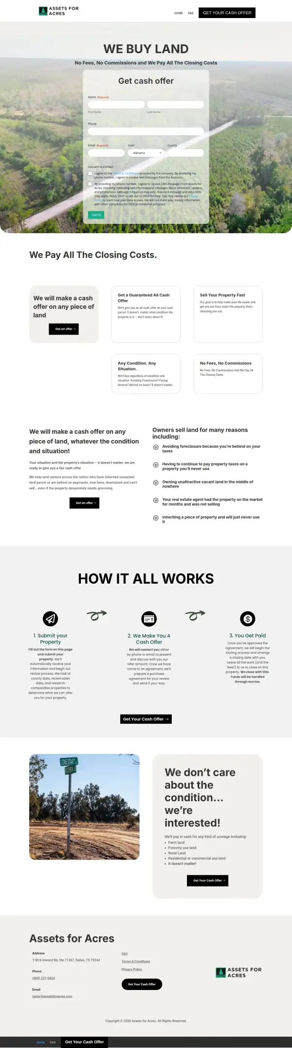 The whole original Assets for Acres homepage, scaled down to show its structure from top to bottom.
