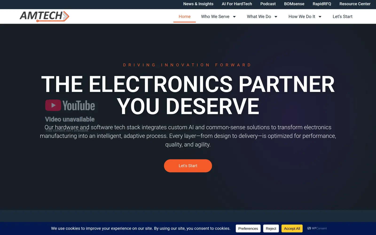 The original first screen as captured: a white header with menu links, a dark hero with the headline "The Electronics partner you deserve", a paragraph about a hardware and software tech stack, an orange Let's Start button and a cookie bar along the bottom.
