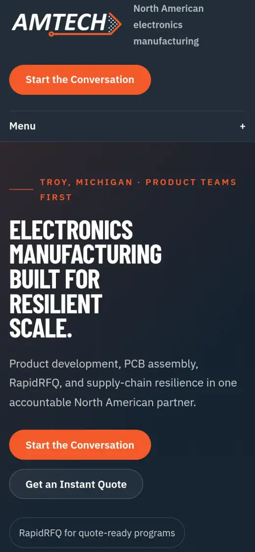 The concept mobile first screen: the logo, an orange Start the Conversation button in the header, a Troy, Michigan tag, the headline, one line about what Amtech does and two buttons.