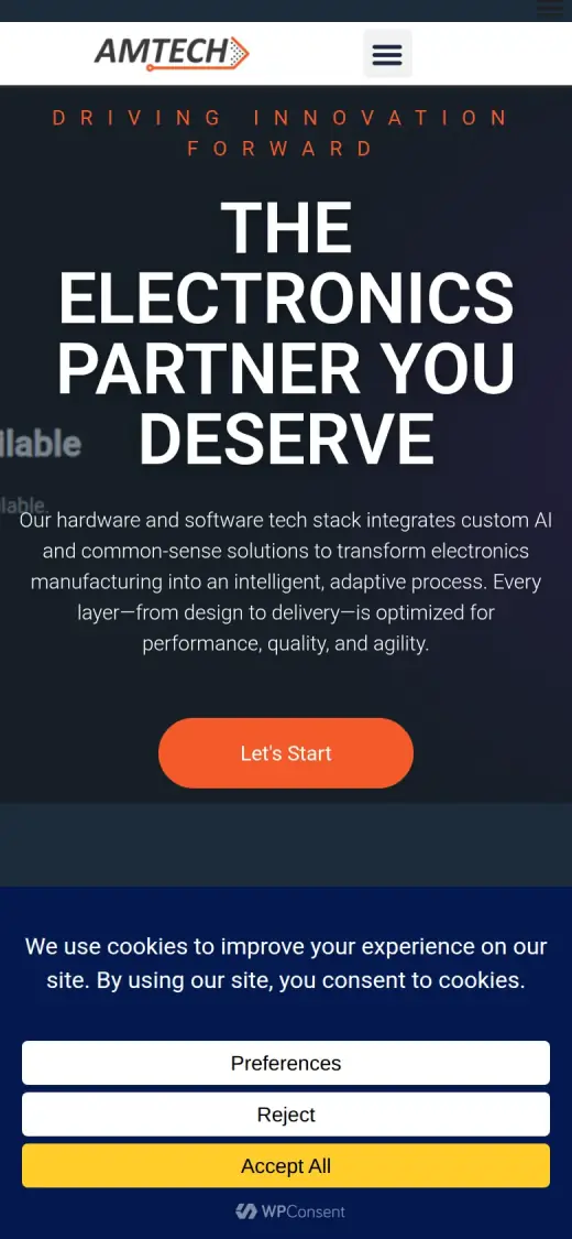 The original mobile first screen: the logo and menu icon, the headline, the paragraph and an orange Let's Start button, with a cookie panel covering over a quarter of the screen.