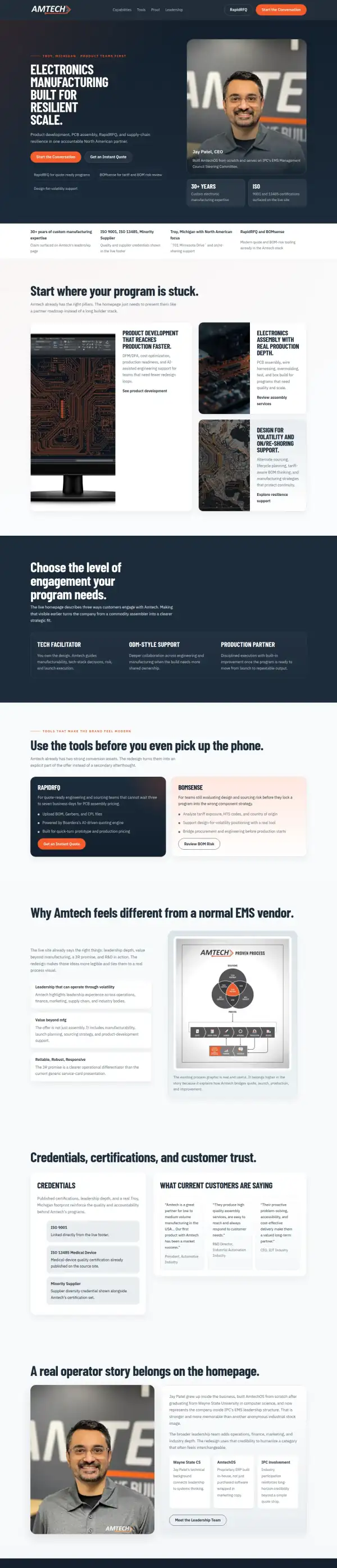 The whole concept homepage for Amtech, scaled down to show its structure from top to bottom.