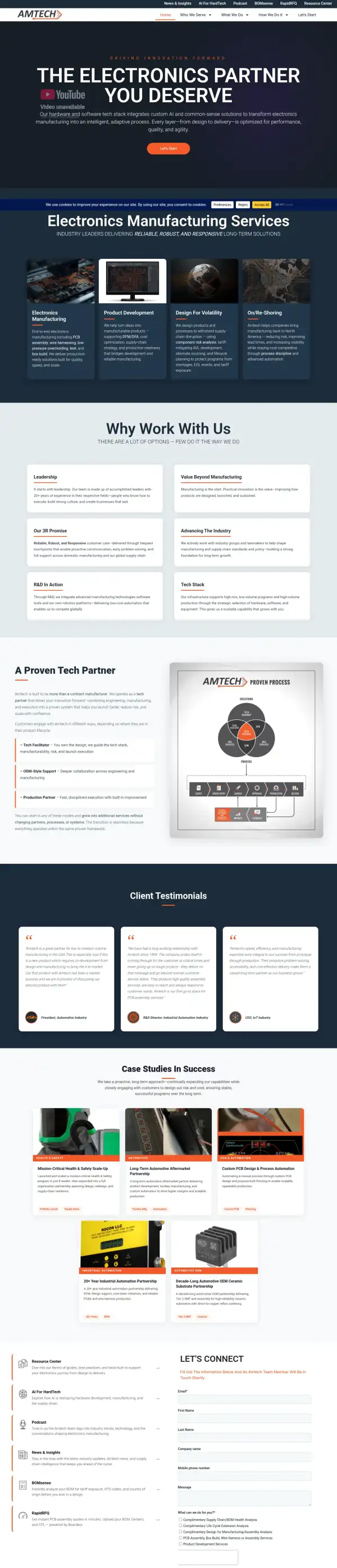 The whole original Amtech homepage, scaled down to show its structure from top to bottom.