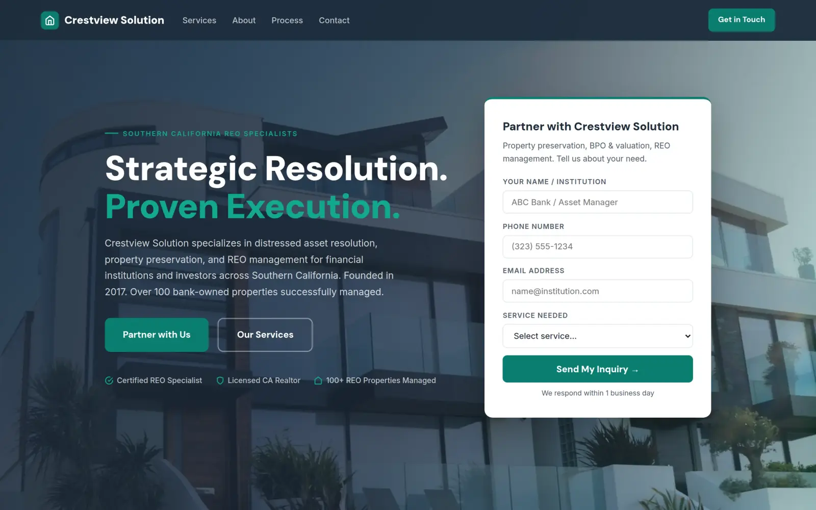 The concept first screen: the headline "Strategic Resolution. Proven Execution." on a dark photo of a modern house, a "Southern California REO Specialists" tag, a green Partner with Us button and, on the right, a four-field inquiry form.