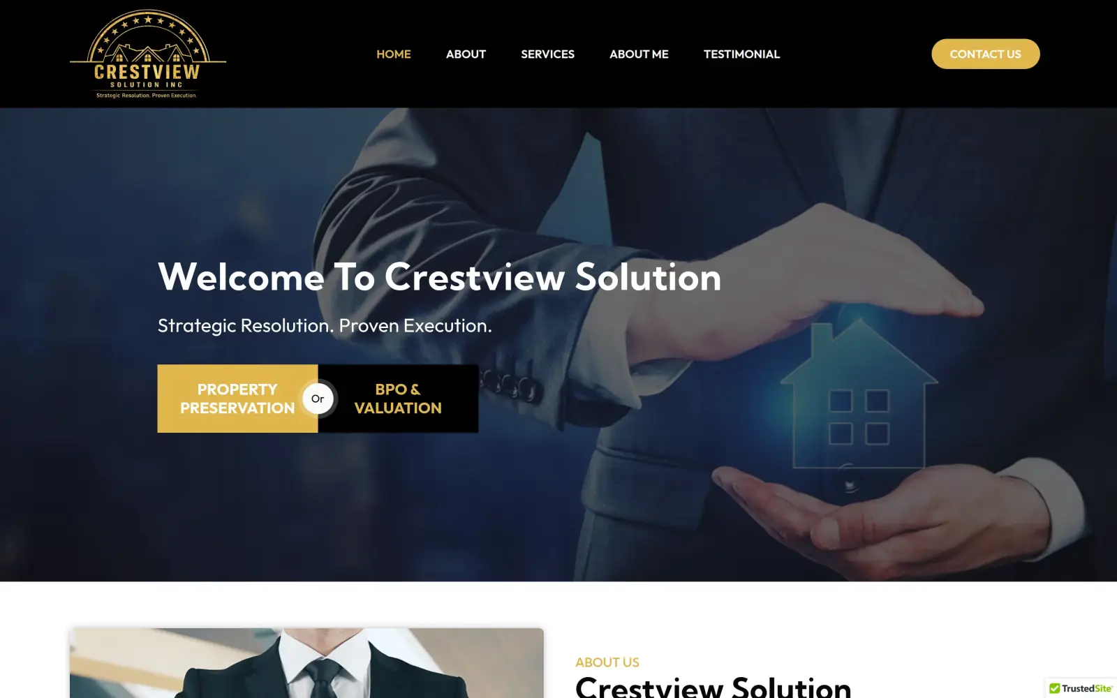 The original first screen: a black header with the gold Crestview logo, five menu links and a gold Contact Us button, then the headline "Welcome To Crestview Solution", the line "Strategic Resolution. Proven Execution." and two joined buttons, Property Preservation or BPO & Valuation, over a photo of hands sheltering a house.