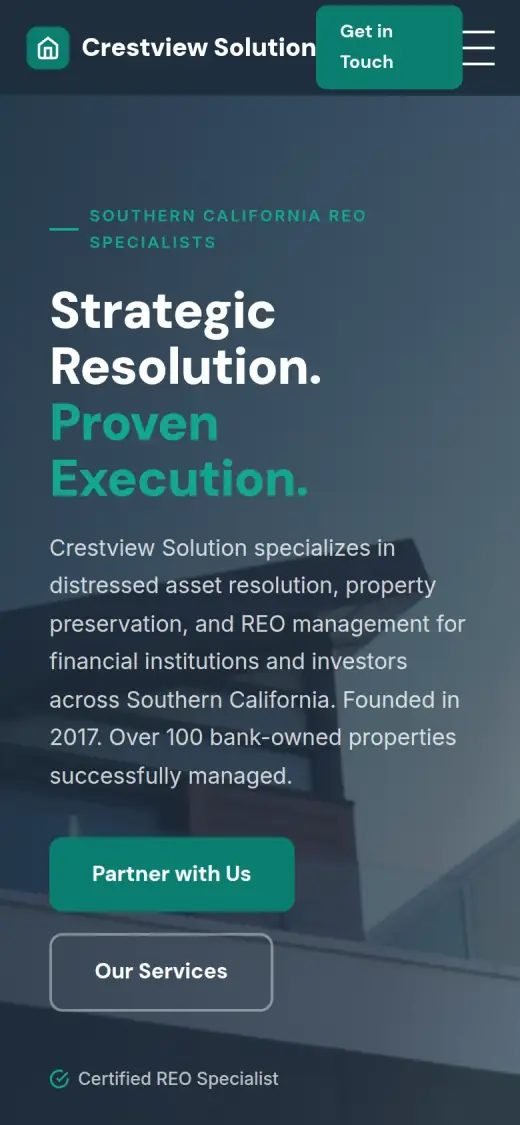 The concept mobile first screen: a "Southern California REO Specialists" tag, the headline, a paragraph about the business, a green Partner with Us button and an outline Our Services button.