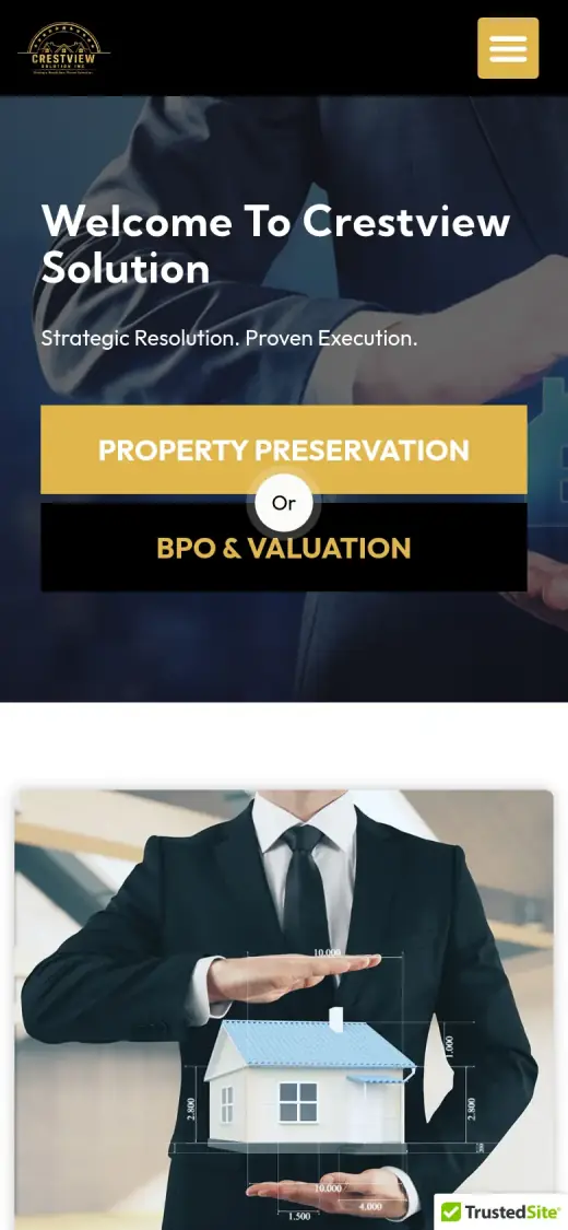 The original mobile first screen: a logo and a menu button, then the headline "Welcome To Crestview Solution", the slogan and two large stacked buttons, Property Preservation and BPO & Valuation, joined by the word "Or".