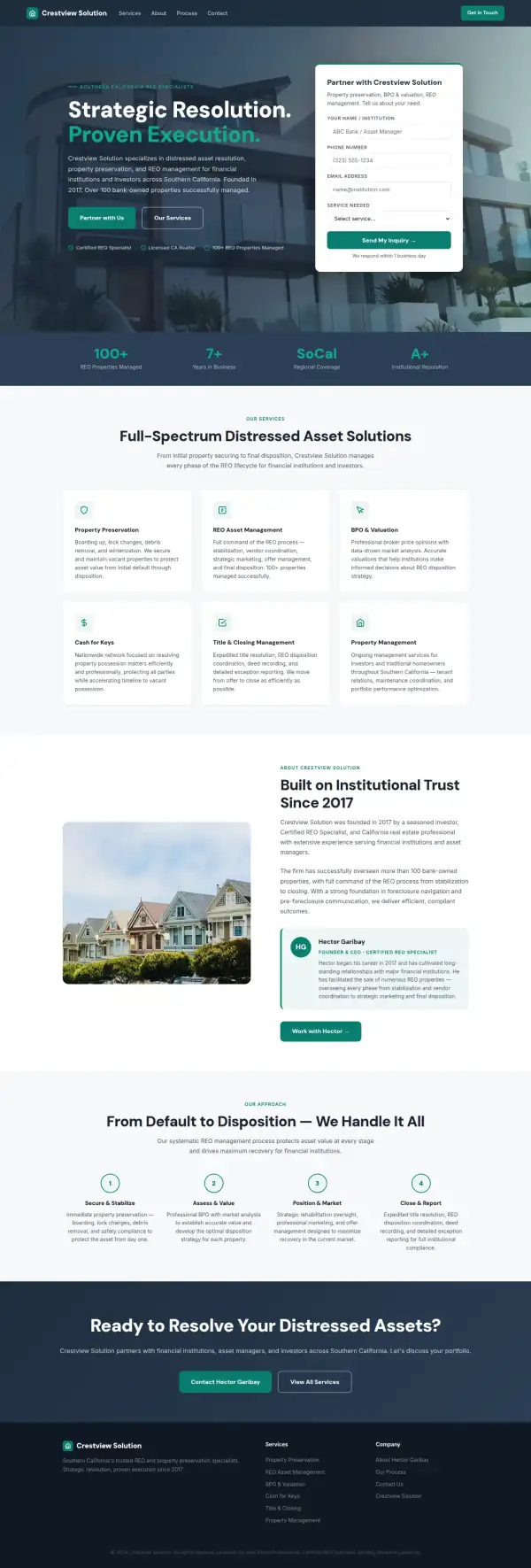 The whole concept homepage for Crestview Solution, scaled down to show its structure from top to bottom.