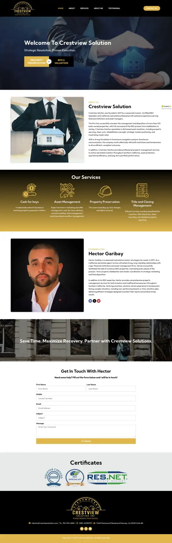 The whole original Crestview Solution homepage, scaled down to show its structure from top to bottom.