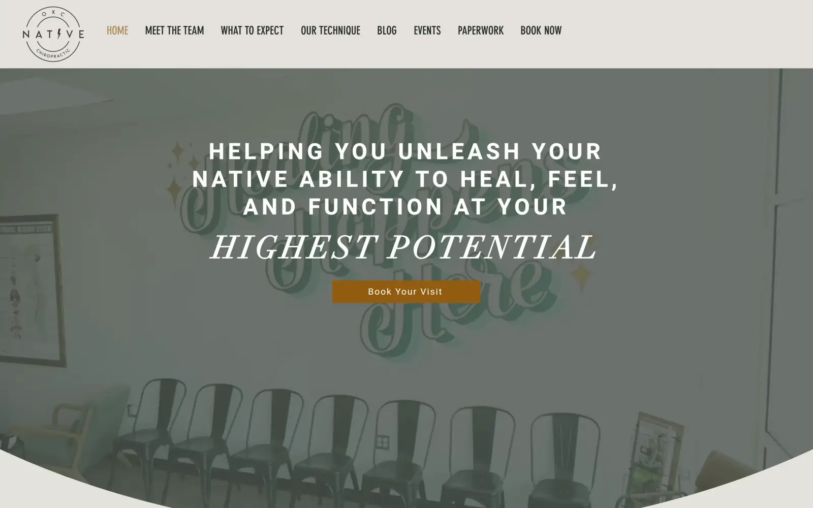 The original first screen: a beige header with the round Native Chiropractic logo and eight menu links, over a dimmed photo of a waiting room with a mural, the headline "Helping you unleash your native ability to heal, feel, and function at your highest potential" and a brown Book Your Visit button.
