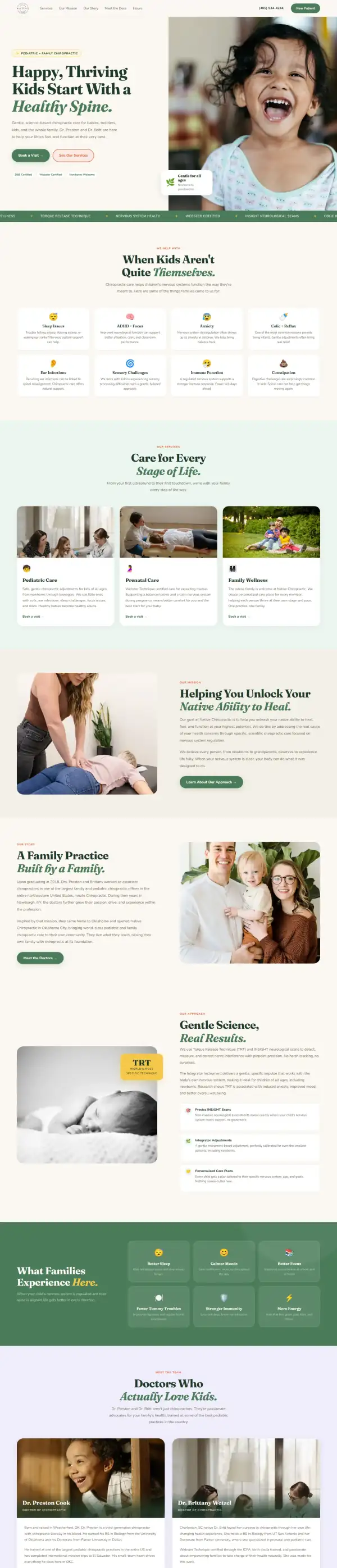 The whole concept homepage for Native Chiropractic, scaled down to show its structure from top to bottom.