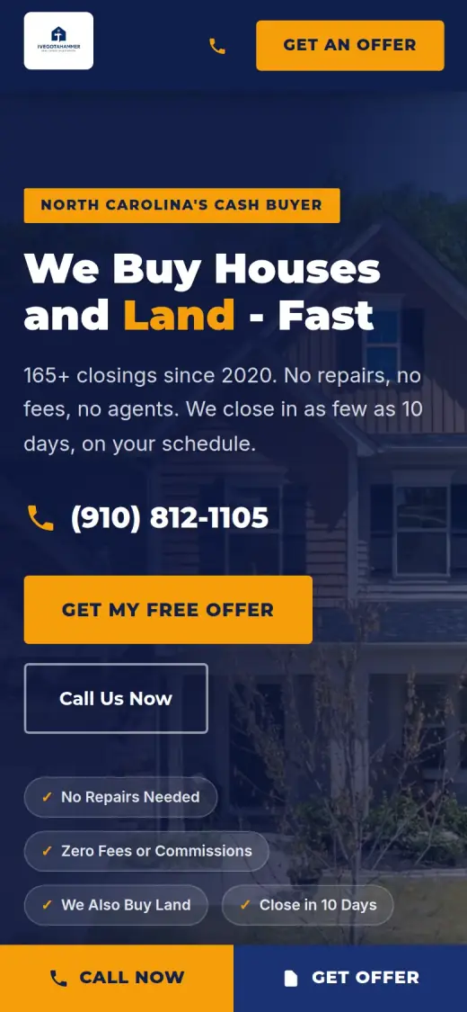 The concept mobile first screen: a Get an Offer button in the header, the headline, the phone number, a Get My Free Offer button, a Call Us Now button and a bottom bar with Call Now and Get Offer.