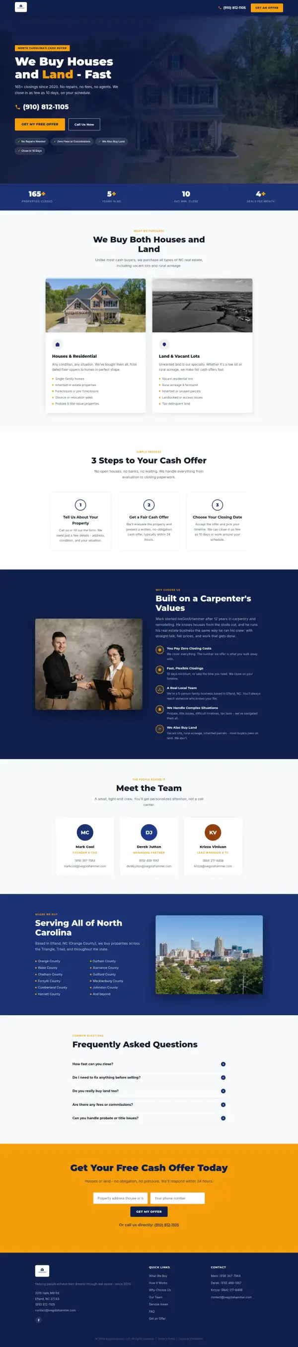 The whole concept homepage for IveGotAHammer, scaled down to show its structure from top to bottom.