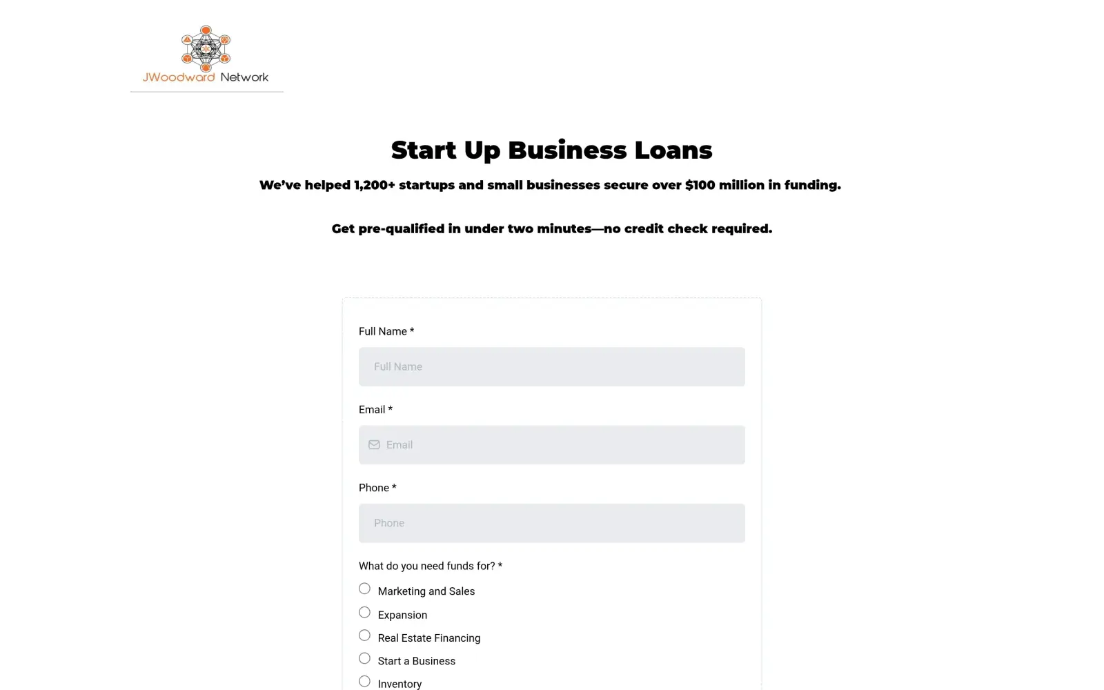 The original first screen as captured: a small logo at top left, the headline "Start Up Business Loans", a line about 1,200+ startups and $100 million in funding, and the start of a long form on a white page.