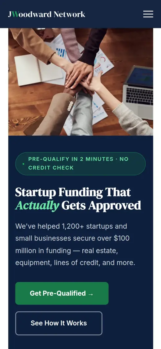 The concept mobile first screen: a stock photo of stacked hands, a "Pre-qualify in 2 minutes" tag, the headline, a green Get Pre-Qualified button and a See How It Works button.