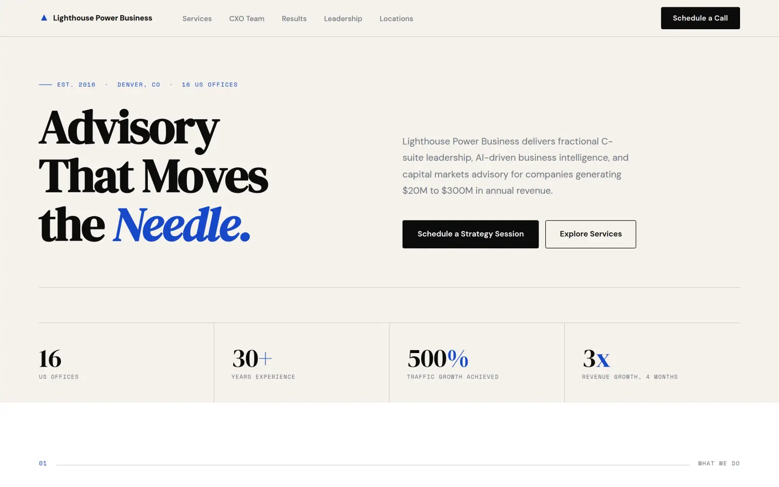 The concept first screen: the headline "Advisory That Moves the Needle." with a line about fractional C-suite leadership for companies with $20M to $300M in revenue, a black Schedule a Strategy Session button, an Explore Services button and a row of four numbers.