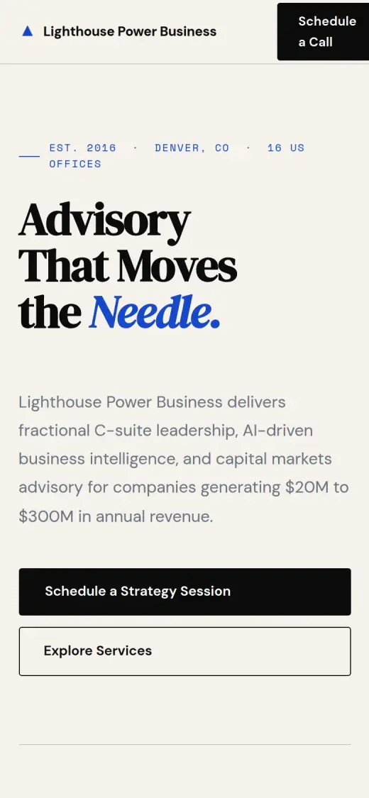 The concept mobile first screen: the firm name and a Schedule a Call button in the header, the headline, one line about the firm, a black Schedule a Strategy Session button and an Explore Services button.