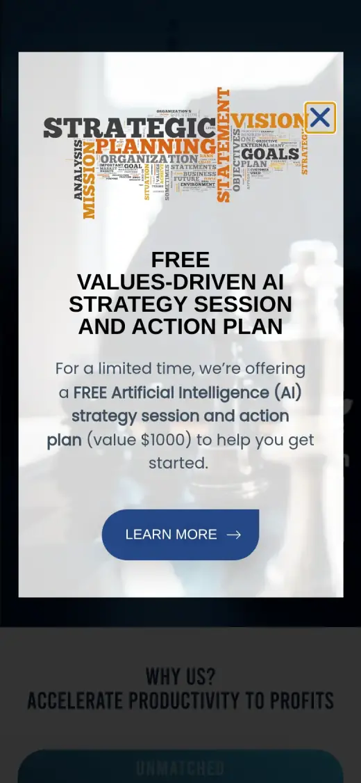 The original mobile first screen: a white pop-up offering a free values-driven AI strategy session and action plan, with a Learn More button, covering almost the whole screen.