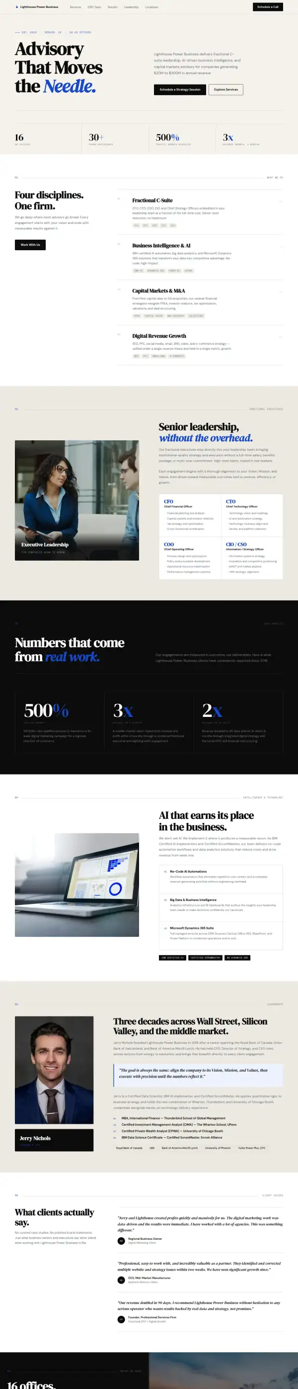 The whole concept homepage for Lighthouse Power Business, scaled down to show its structure from top to bottom.