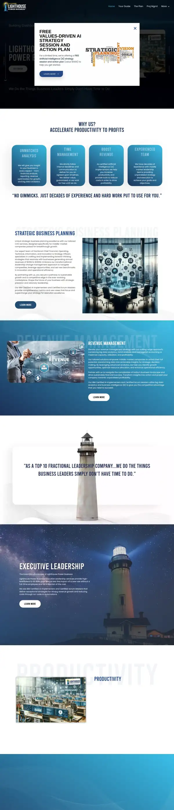 The whole original Lighthouse Power Business homepage, scaled down to show its structure from top to bottom.