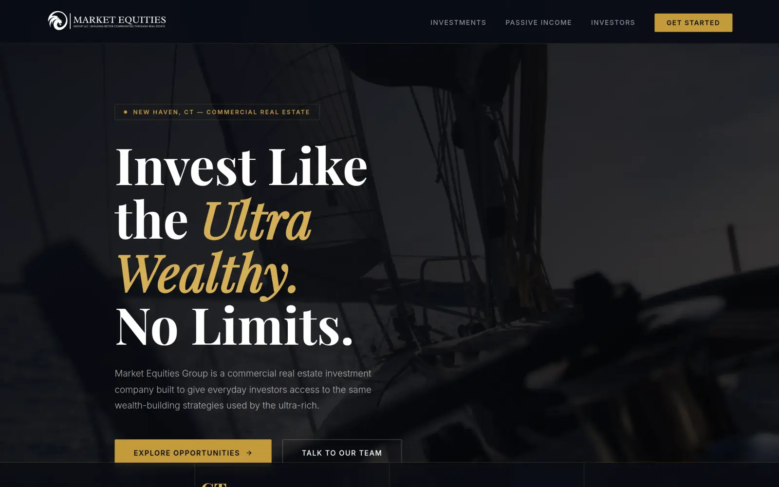 The concept first screen: a New Haven, CT tag, the headline "Invest Like the Ultra Wealthy. No Limits." over a dark sailboat photo, a gold Explore Opportunities button, a Talk to Our Team button and a strip of four numbers.