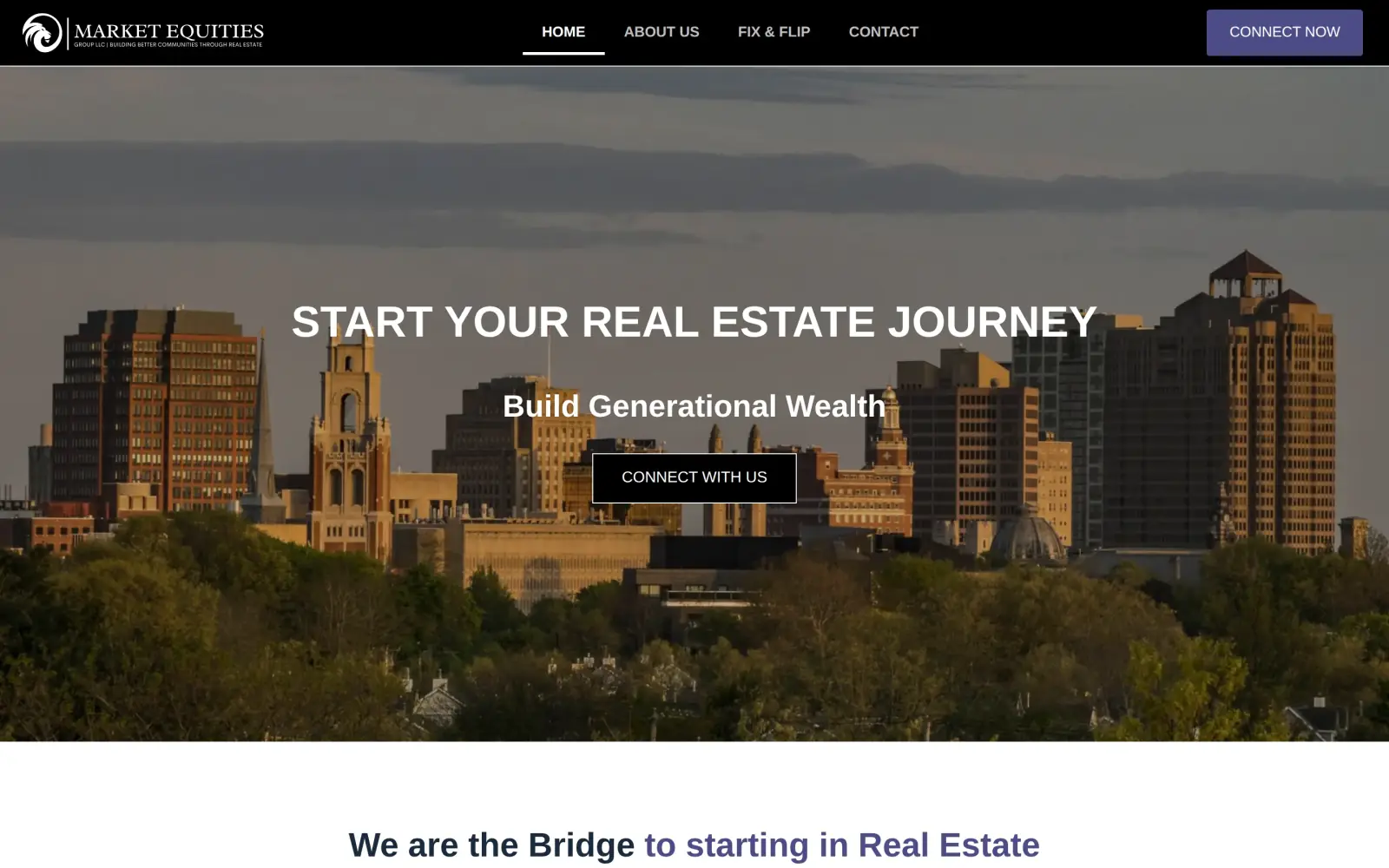 The original first screen: a black header with four menu links and a purple Connect Now button, then a New Haven skyline photo with the headline "Start Your Real Estate Journey", "Build Generational Wealth" and a black Connect With Us button.