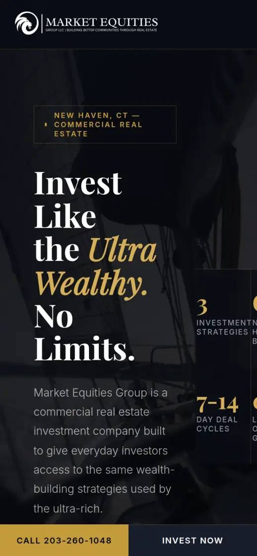 The concept mobile first screen: the New Haven, CT tag, the headline, a paragraph, a stat strip that is cut off at the right edge, and a bar fixed at the bottom with Call 203-260-1048 and Invest Now.