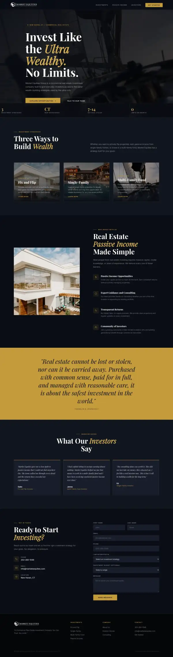 The whole concept homepage for Market Equities Group, scaled down to show its structure from top to bottom.