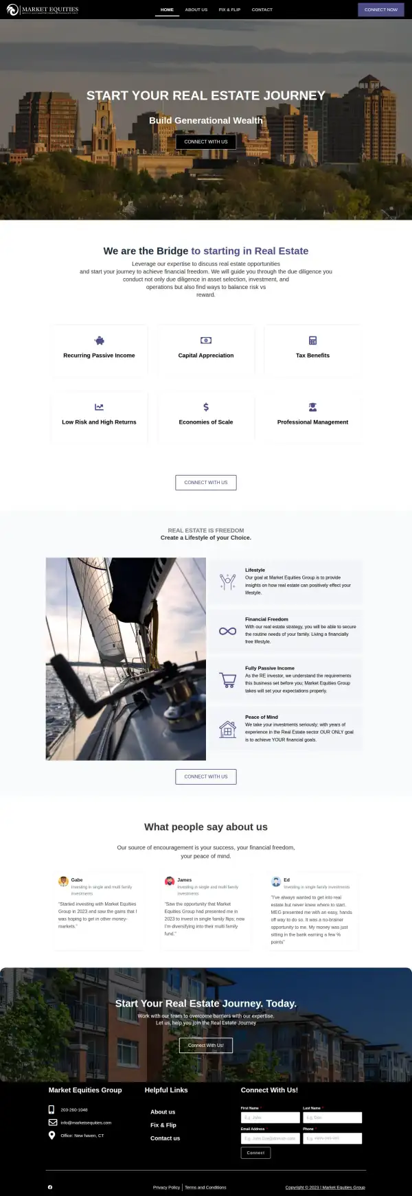 The whole original Market Equities Group homepage, scaled down to show its structure from top to bottom.