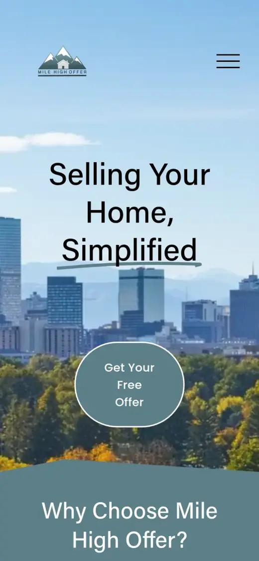 The original mobile first screen: the logo and a menu icon over the skyline, the headline "Selling Your Home, Simplified" and one large round "Get Your Free Offer" button.