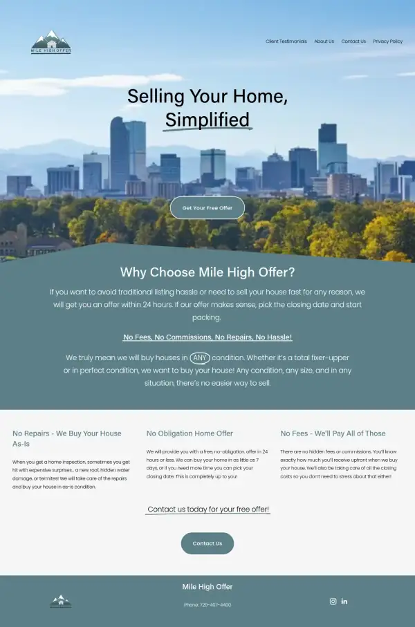 The whole original Mile High Offer homepage, scaled down to show its structure from top to bottom.