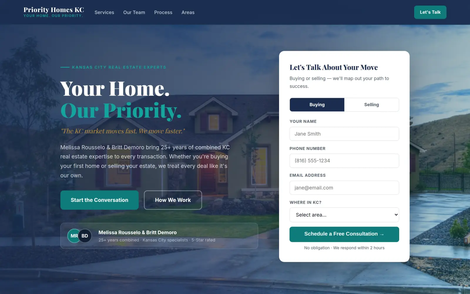 The concept first screen: the headline "Your Home. Our Priority." over a dusk photo of a house, a teal Start the Conversation button, a How We Work button and a white consultation form with a Buying or Selling switch.