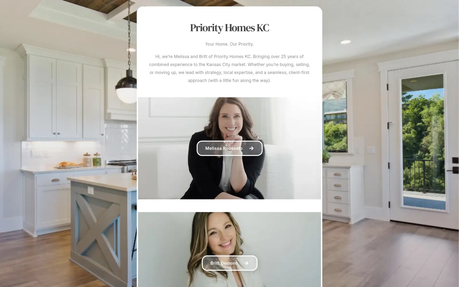 The original first screen as captured: a white card over a kitchen photo with the name "Priority Homes KC", the line "Your Home. Our Priority.", a short intro and two portrait photos, each with an outlined name button: Melissa Rousselo and Britt Demoro.