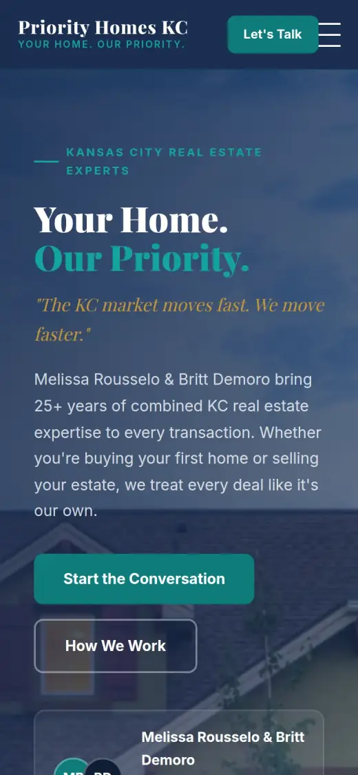 The concept mobile first screen: a Let's Talk button in the header, the tag "Kansas City Real Estate Experts", the headline, a teal Start the Conversation button and an outlined How We Work button.