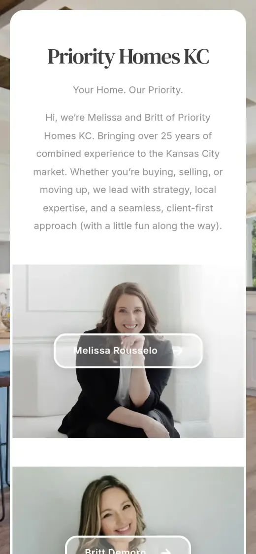 The original mobile first screen: the name, the slogan, a paragraph of intro text and a portrait of Melissa Rousselo with a name button, with Britt Demoro starting below.