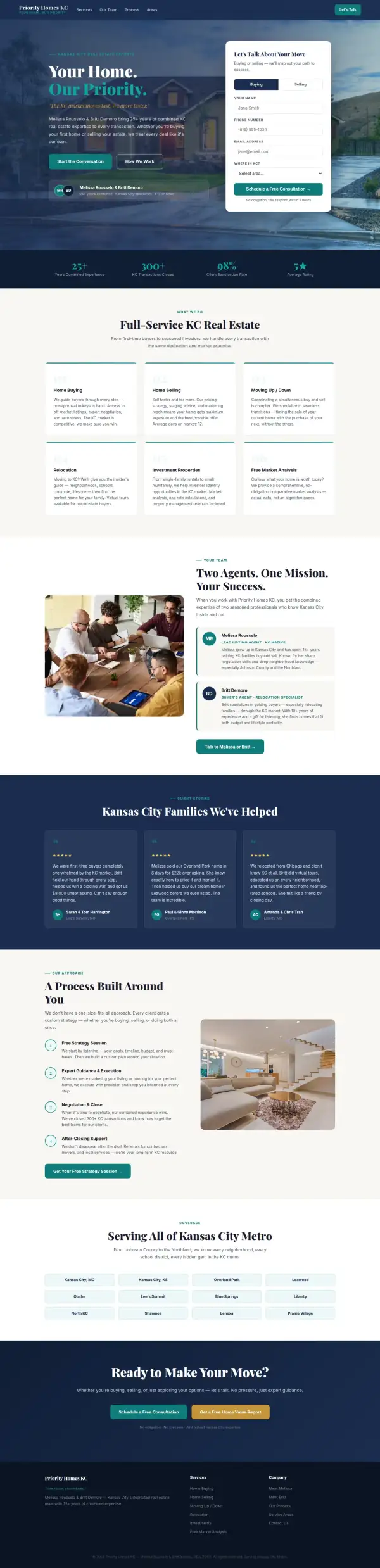 The whole concept homepage for Priority Homes KC, scaled down to show its structure from top to bottom.