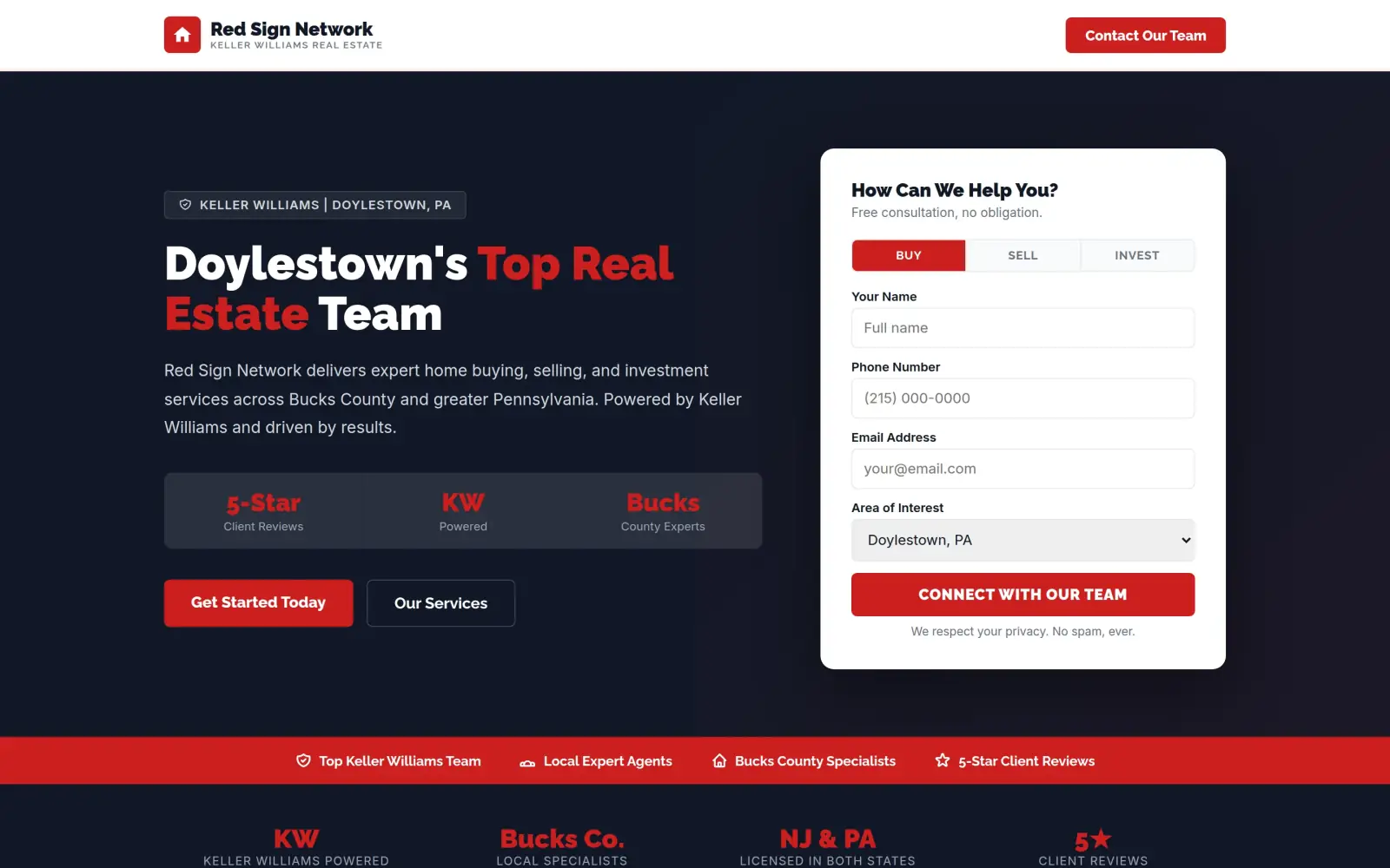 The concept first screen: a dark page with the headline "Doylestown's Top Real Estate Team", three stat boxes, a red Get Started Today button, an outline Our Services button, and a white form titled "How Can We Help You?" with four fields and a red Connect With Our Team button.