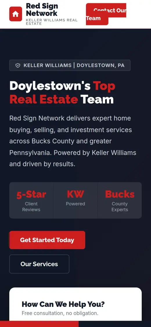 The concept mobile first screen: a header with the name and a red Contact Our Team button whose text spills out of the button, then the headline, three stat boxes, a red Get Started Today button, an outline Our Services button and the top of the form.
