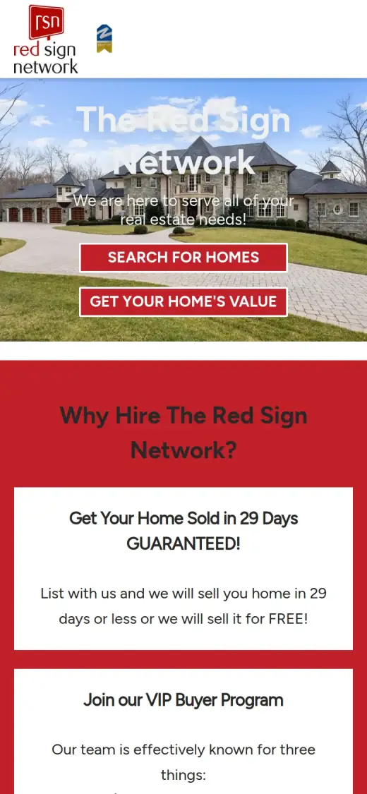 The original mobile first screen: the logo at the top with no visible menu icon, then the house photo with white headline text over the sky and two stacked red buttons, Search for Homes and Get Your Home's Value.